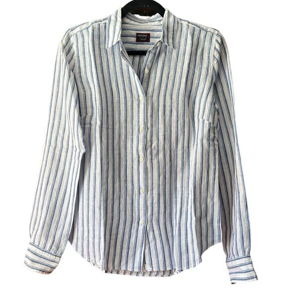 NWOT UNTUCKit Women's Linen Wehlen Stripe Button Up Shirt Blue/White Size 2 - Picture 1 of 11